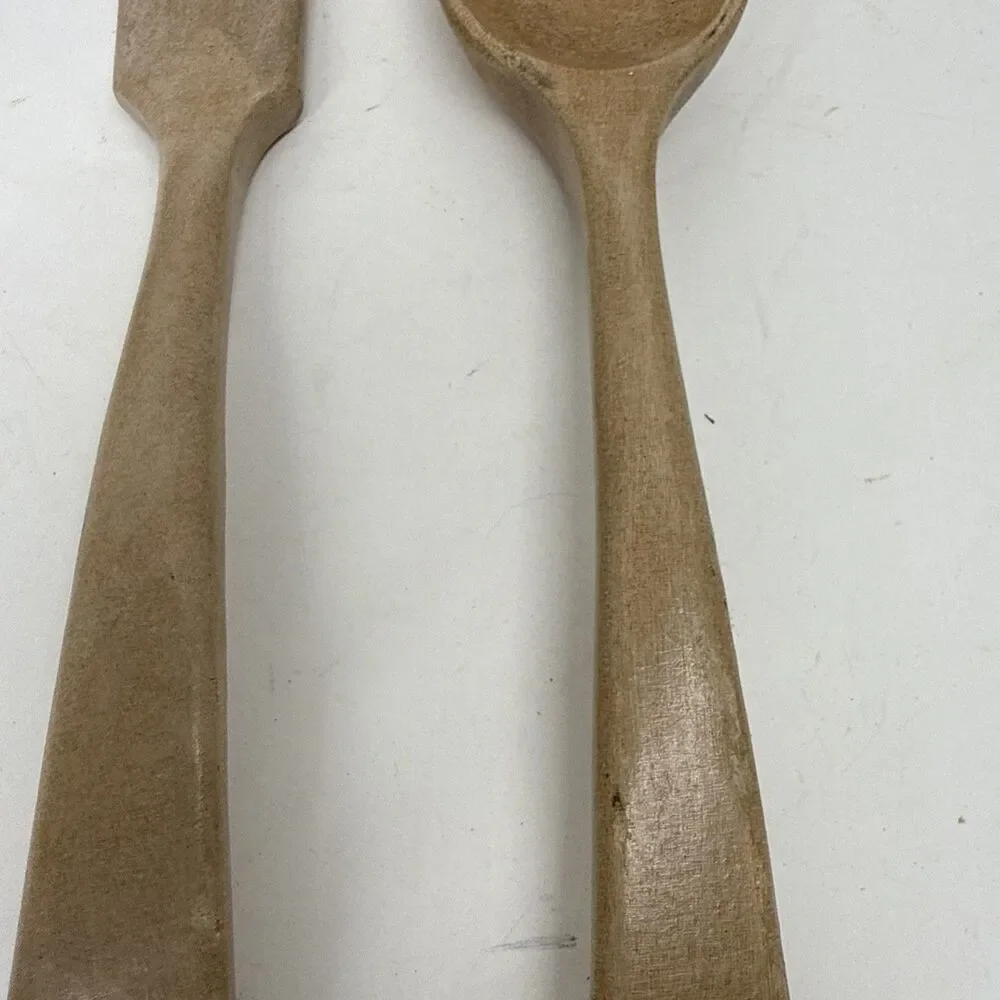 Vintage MCM Wood Spoon & Fork Wooden Rustic Salad Serving Set Mid Century Japan